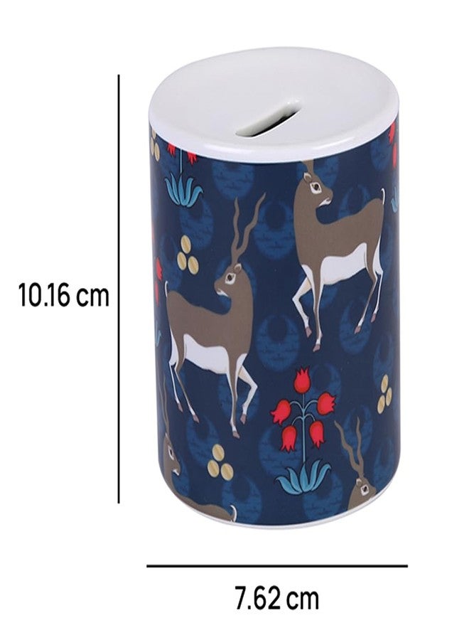 PentaDeco Dark Blue Floral Ceramic Money Box | 4-Inch Aesthetic Piggy Bank | Premium Home Decor Coin Bank for Kids & Adults - Image 2